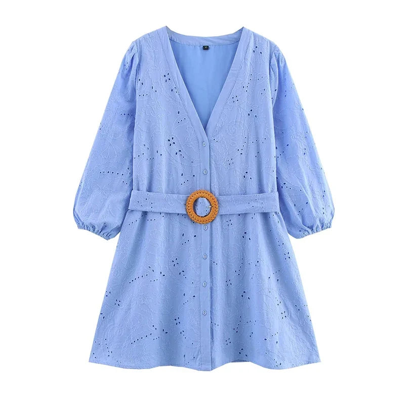 Spring Sky Blue Hollow Out Embroidery Short Dresses