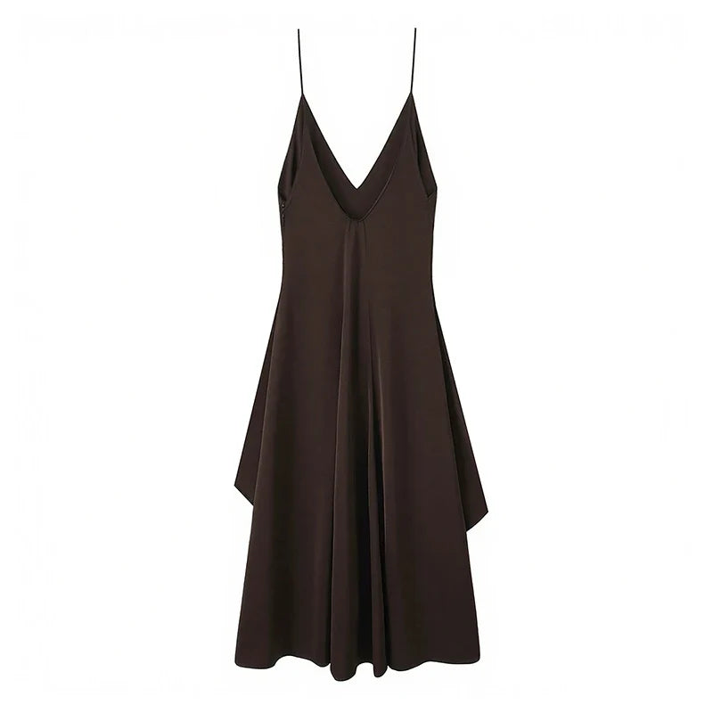 Brown Asymmetric Ruffled Sling Sexy Dresses Casual Cocktail Party Vestidos