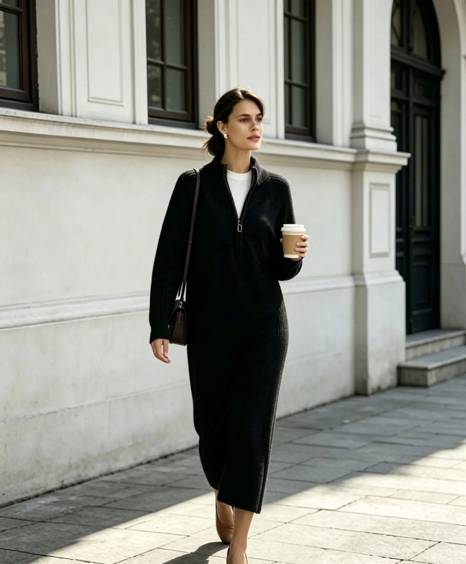 Elegant Half Zip Stand Collar Long Sleeve Knit Dresses