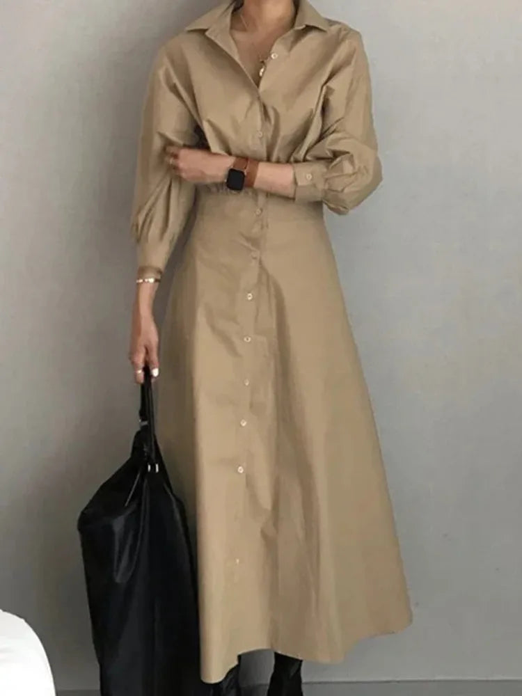 Retro Street Lapel Long Sleeve Shirts Dresses Autumn Slimming Waist Maxi Dresses 19DB2620