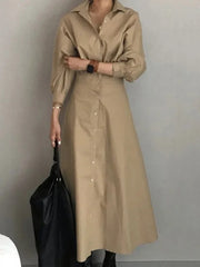 Retro Street Lapel Long Sleeve Shirts Dresses Autumn Slimming Waist Maxi Dresses 19DB2620
