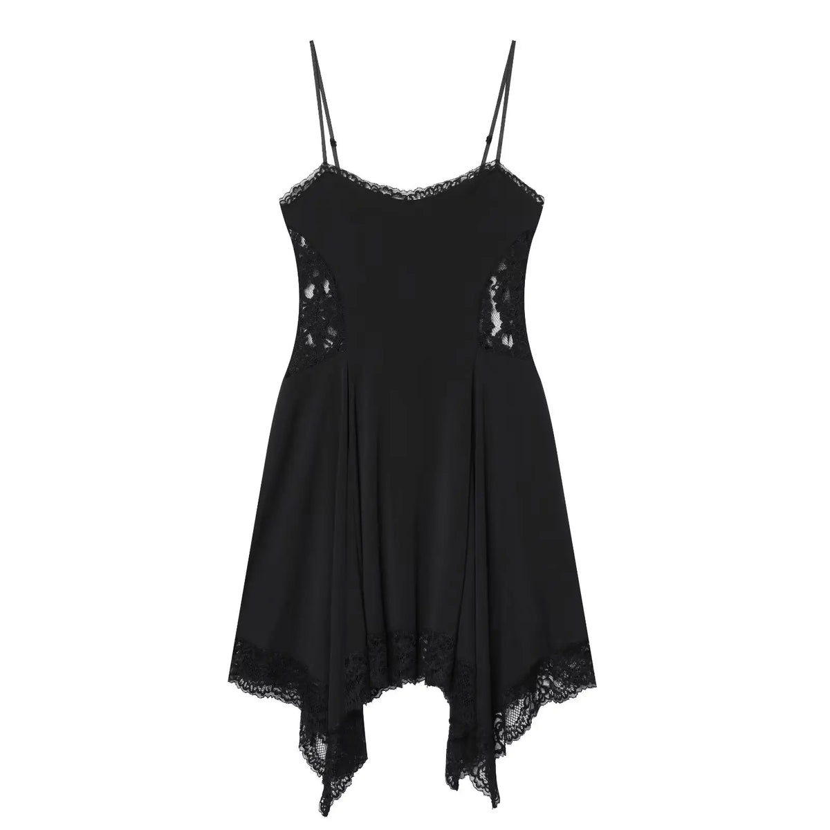 Summer Black Sling Short Dresses Lace Trim Asymmetric Hem Casual Sexy Vestidos