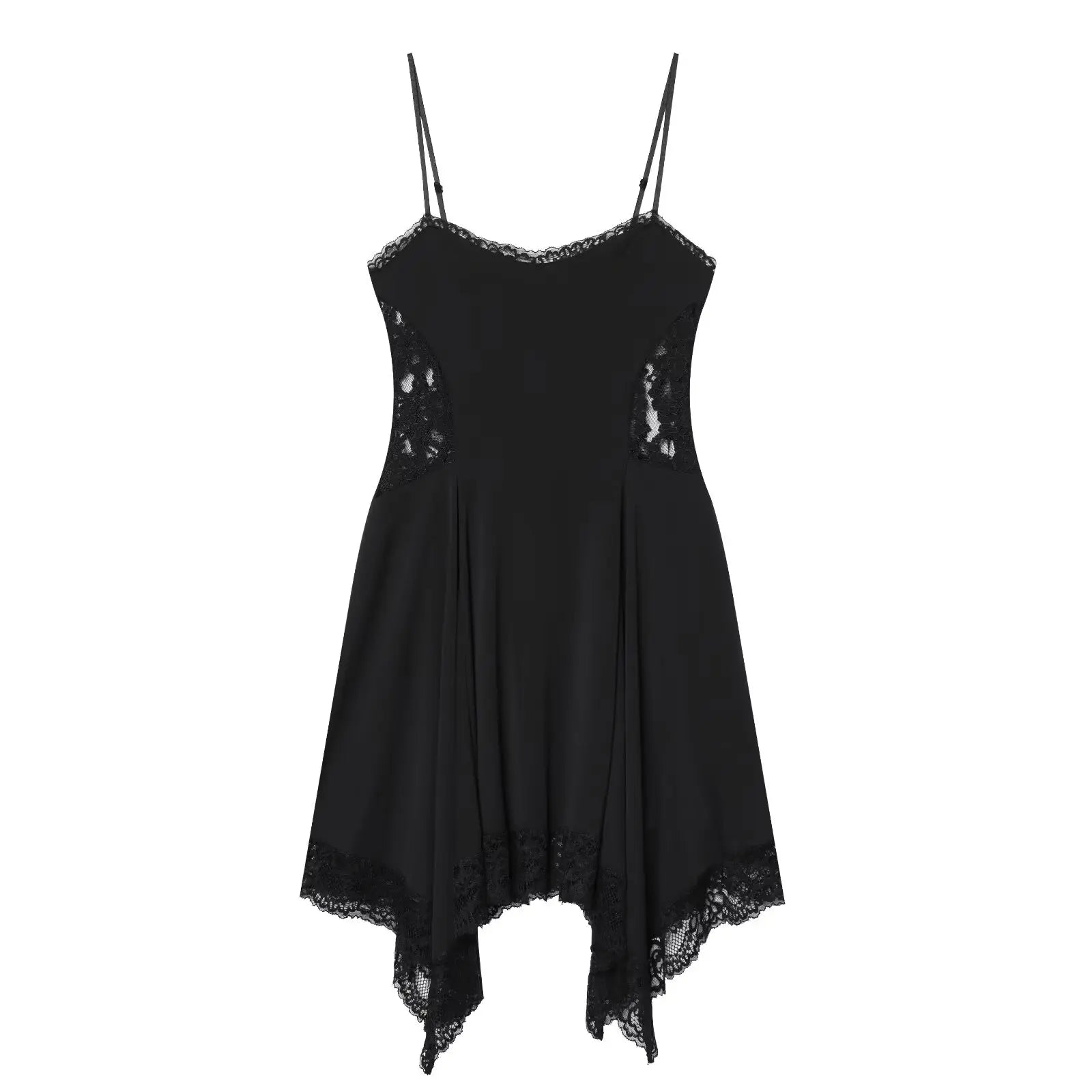 Summer Black Sling Short Dresses Lace Trim Asymmetric Hem Casual Sexy Vestidos