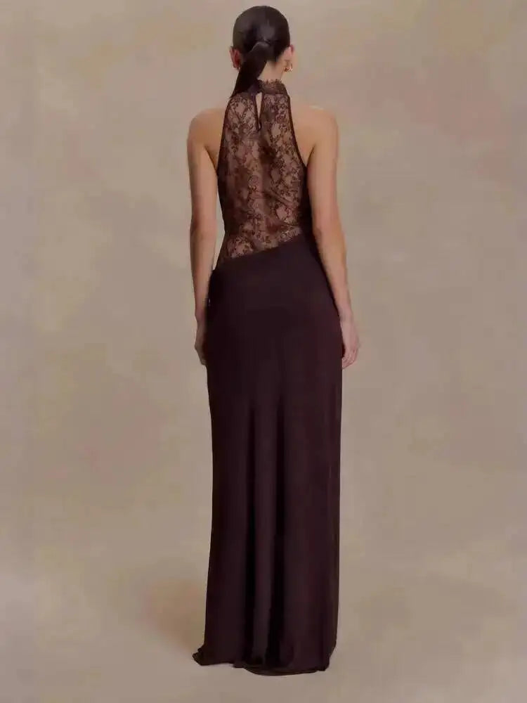 Elegant Halter Neck Sleeveless Lace Spliced Slim Fit Dresses