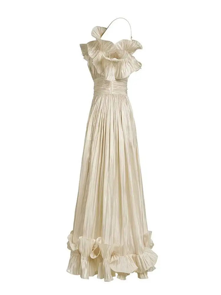 Elegant Slash Neck Lotus Flounced Edge Pleated Waist Dresses