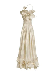 Elegant Slash Neck Lotus Flounced Edge Pleated Waist Dresses