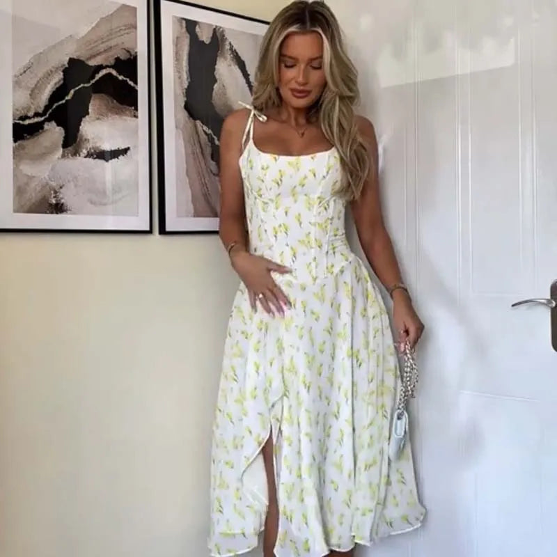 Yellow Print Sling Midi Summer Dresses Sexy O Neck Hem Slits A-line Chiffon Dresses