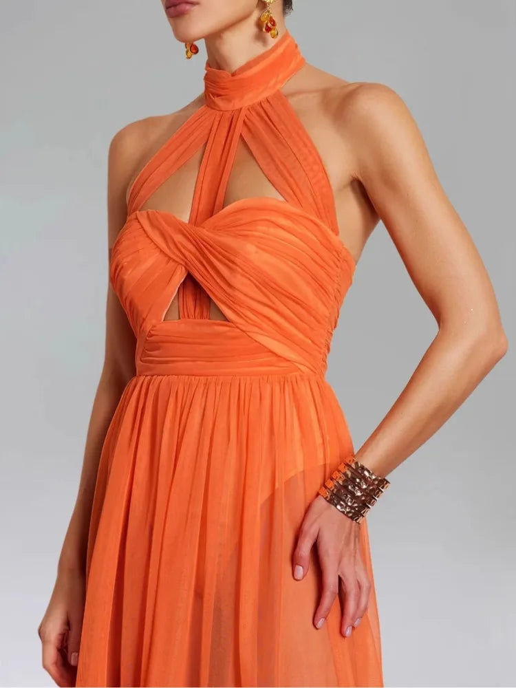 Elegant Halter Neck Backless Sexy Vacation Sleeveless Long Dresses