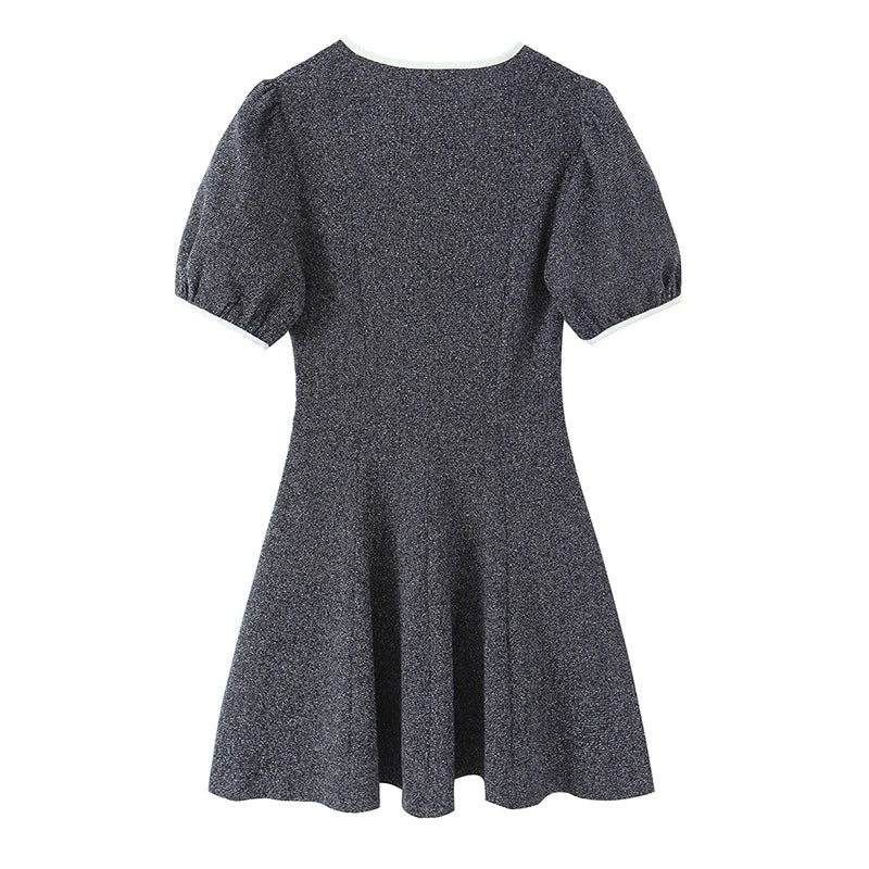 Spring Vintage Puff Sleeve Bow V Neck A-line Mini Dresses High Street Vestidos