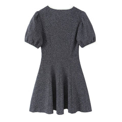 Spring Vintage Puff Sleeve Bow V Neck A-line Mini Dresses High Street Vestidos