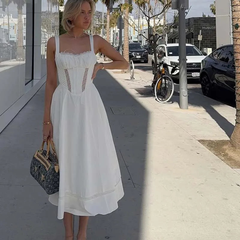 Lace Spliced Elegant White Sleeveless Dresses