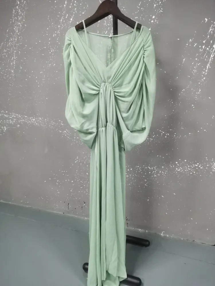 summer V-neck lantern batwing sleeves pleated green color slim high waist pullover loose Dresses