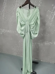 summer V-neck lantern batwing sleeves pleated green color slim high waist pullover loose Dresses