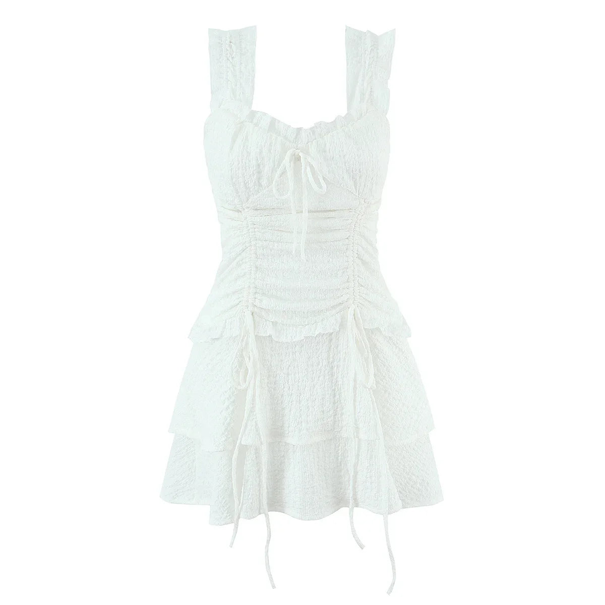 Summer French Style White Textured Ruched Tie Waist Mini Dresses