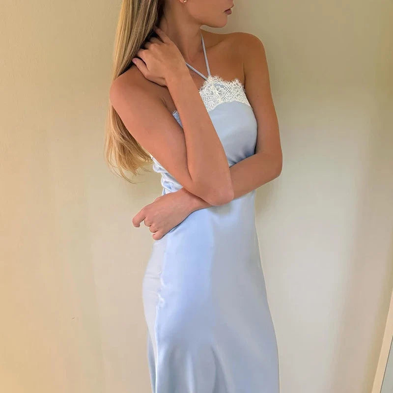 Sexy Backless Cocktail Party Dreses Blue Hanging Neck Slim Bridesmaid Dresses