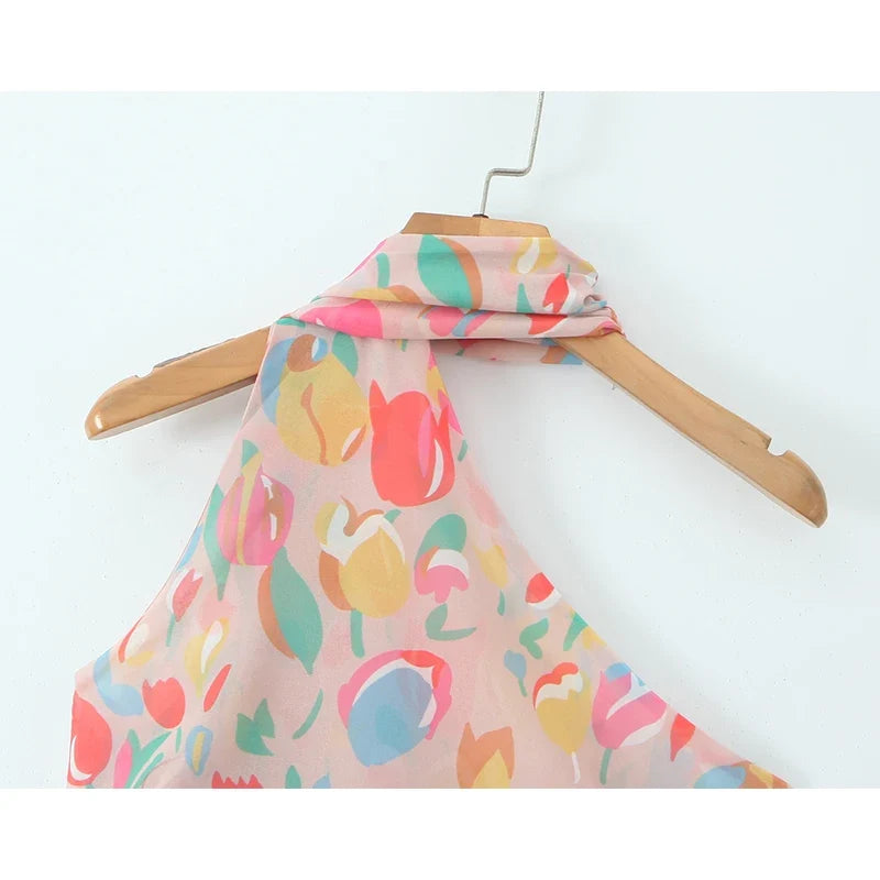 Multicolor Print Asymmetric Shoulder Halter Dresses