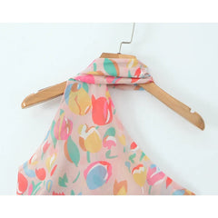 Multicolor Print Asymmetric Shoulder Halter Dresses
