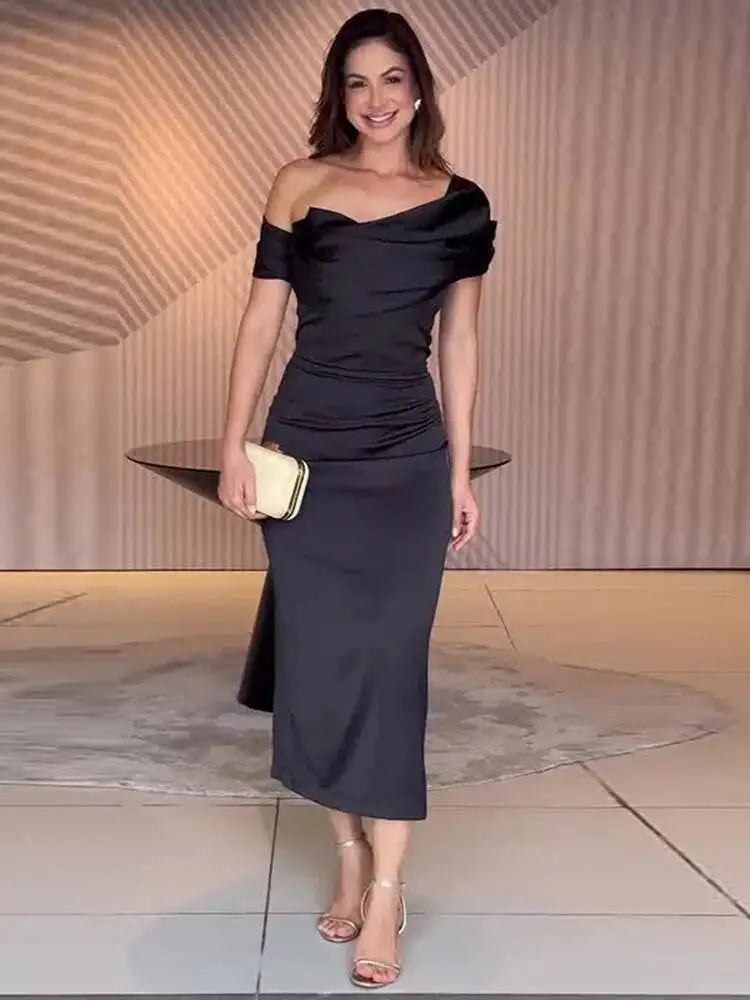 Elegant Sloping Collar Pleated Waist Dresses