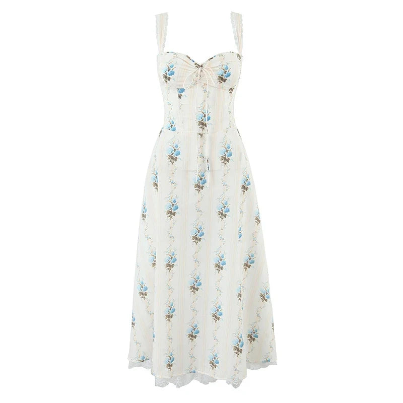 A-line Midi Elegant Party Dresses Sexy Wide Straps Lace Spliced Holiday Summer Floral Print Dresses