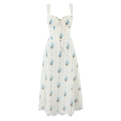 A-line Midi Elegant Party Dresses Sexy Wide Straps Lace Spliced Holiday Summer Floral Print Dresses