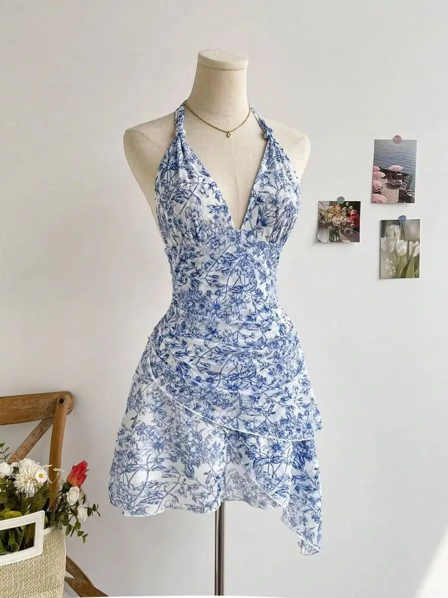 Summer Blue Floral Mesh Dress, V Neck Sexy Elegant Sweet Slim Fit Casual Party Dress