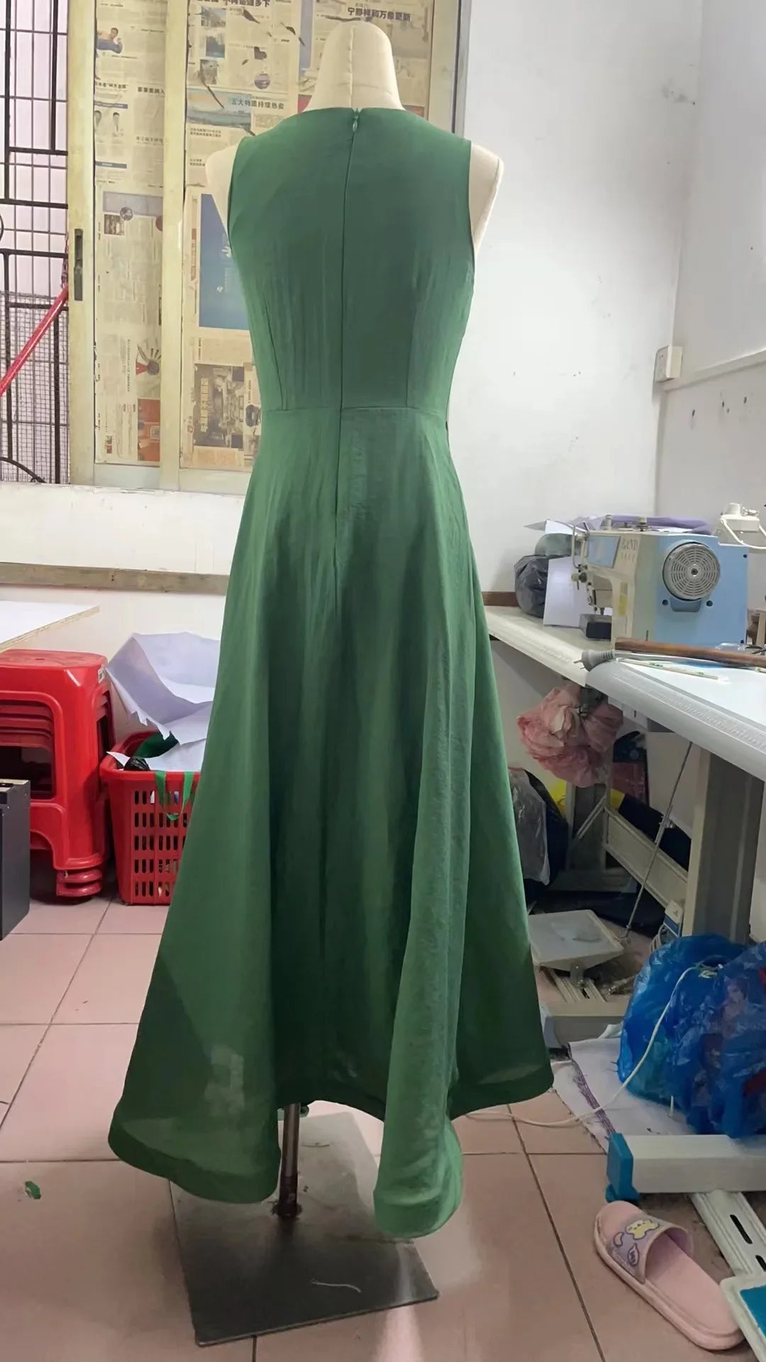 Summer Slim Fit Sleeveless High Waist Green Color Long Dresses