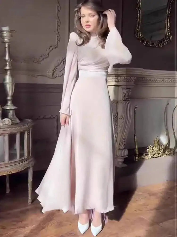 Temperament High Neck Long Sleeved Waist Cinched Pleated Dresses