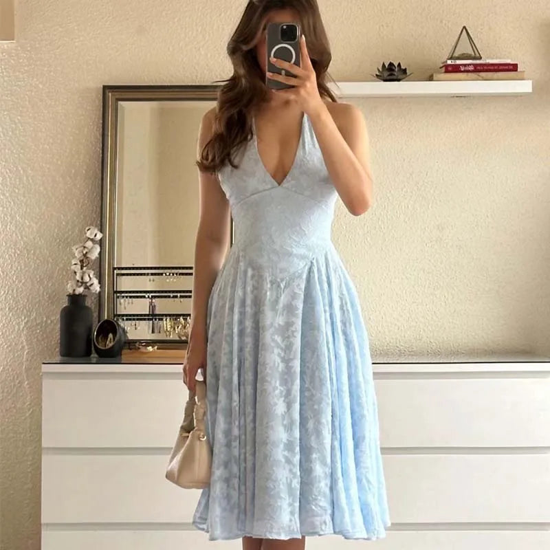 Sexy Backless Blue Jacquard Halter Holiday DressElegant A-line Midi Low Waist Summer Dresses Beach Robe