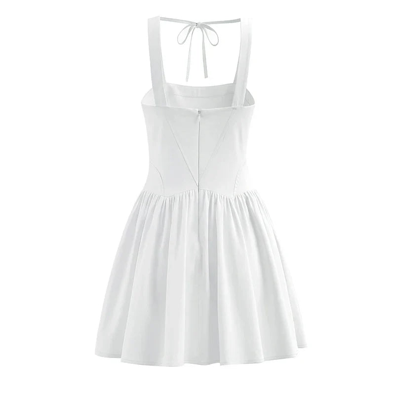 French Retro Square Neck Pleated Hem A-line Mini Dresses