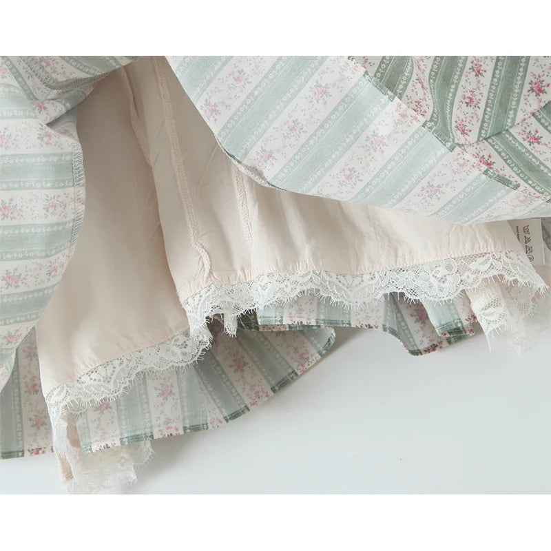 Green Striped Floral Print Summer Dresses Bow V Neck Short Sleeve A-line Mini Dresses Lady Vacation Robe