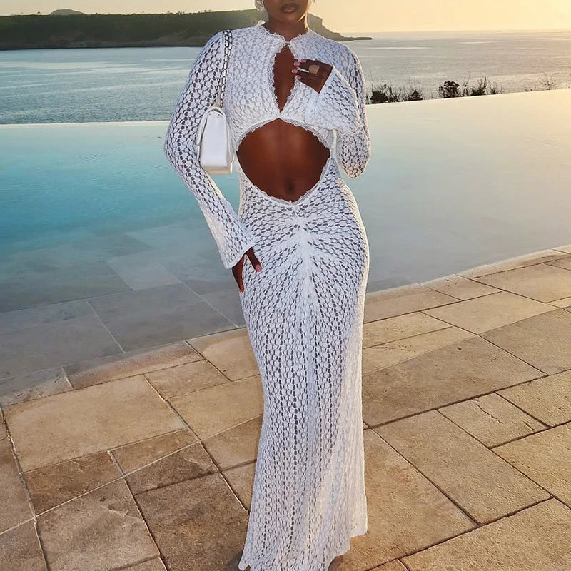 Seaside Beach Hollow Out Long Sleeved Woman Dresses
