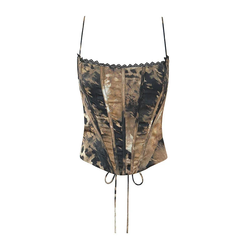 Spice Girls Sexy Leopard Satin Corset Camis Lace Up Bandage Back Fit Slim Y2K Summer Tops For Beach Party Club Streetwear