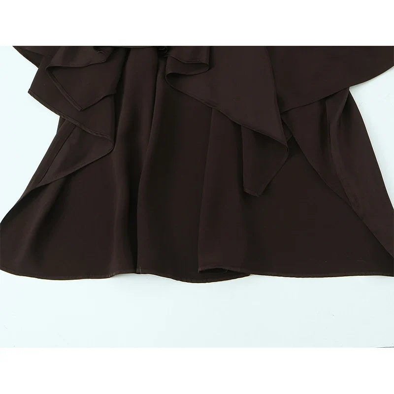 Brown Asymmetric Ruffled Sling Sexy Dresses Casual Cocktail Party Vestidos
