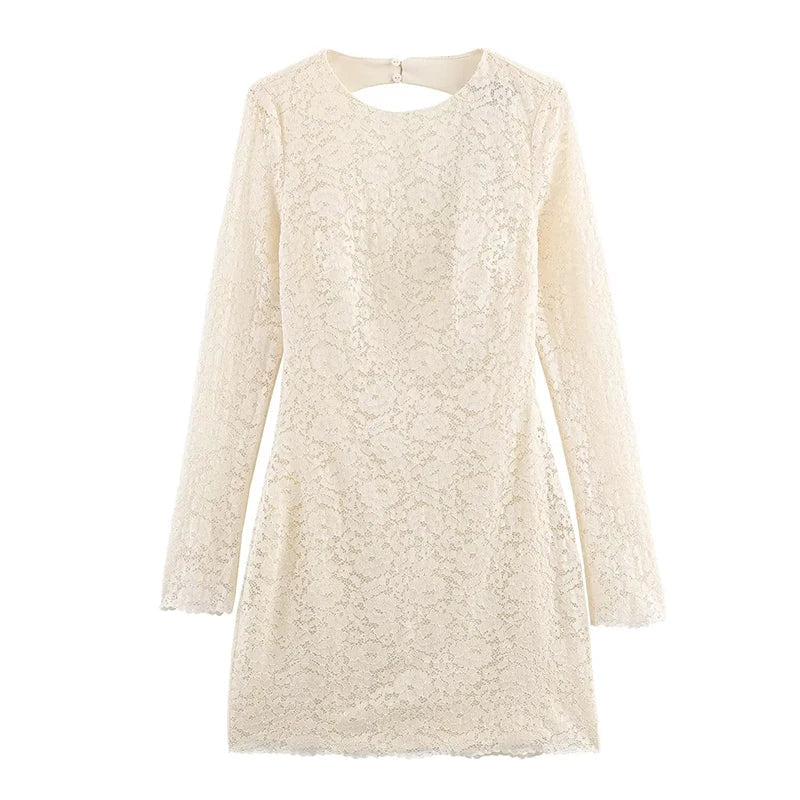 Sexy Backless Round Neck Long Sleeve Short Lace Dresses