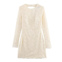 Sexy Backless Round Neck Long Sleeve Short Lace Dresses