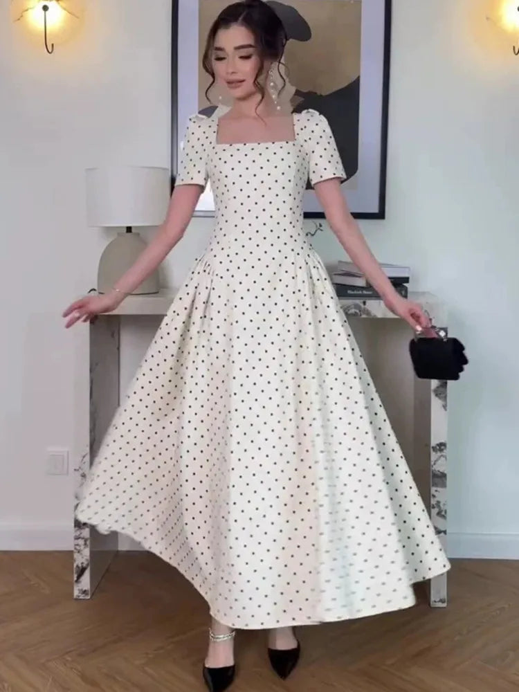 Autumn Retro Polka Dot Square Neck Short Sleeved Dresses