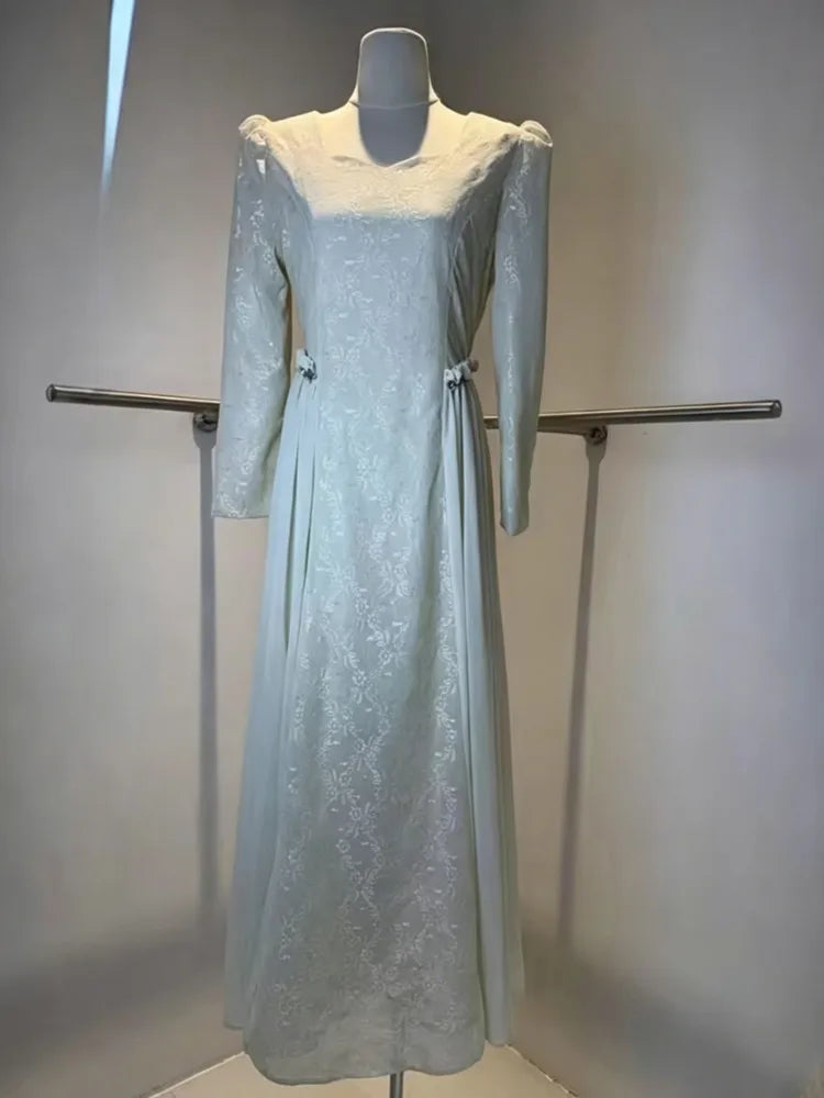 Fashionable V-neck Long Sleeved Patchwork Pleated Dresses