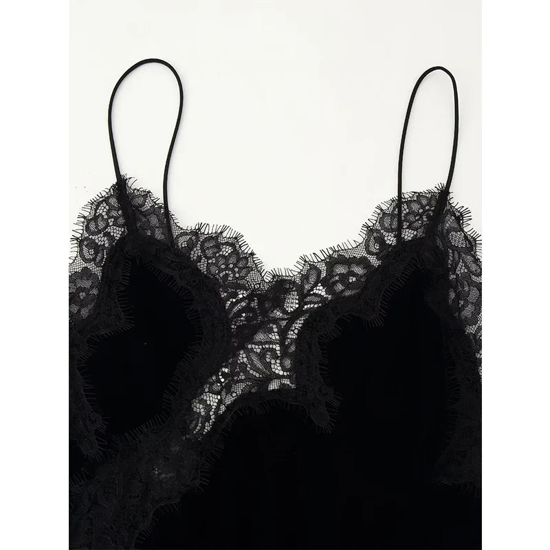 Thin Straps V Neck Lace Trim Velvet Mini Dresses Asymmetrical Sexy Vestidos