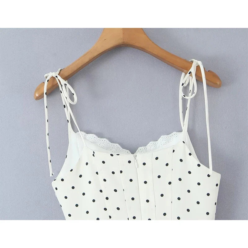 Sexy Sweet Girls Lace Trim Polka Dot Sling Mini Dresses Summer Low Waist A-line Vacation Party Dress