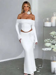 Summer Two-piece Set Sexy Strapless Long-sleeved Top With Irregular Slim-fitting Skirt 19DB2727