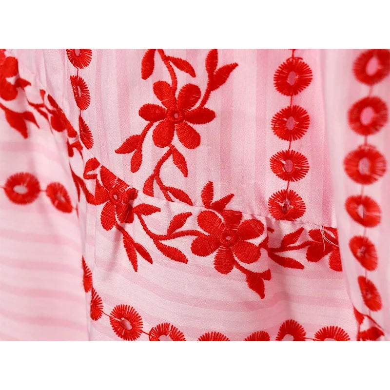 Boho Pink Floral Embroidery Hollow Out Midi Dresses