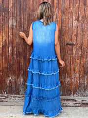 Solid Color V-neck Frayed Edge Patchwork Denim Dresses