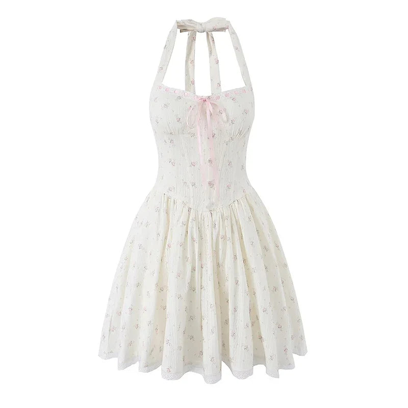 French Sweet Floral Halter Summer Mini Dresses Lace Trim A-Line Corset Party SunDresses