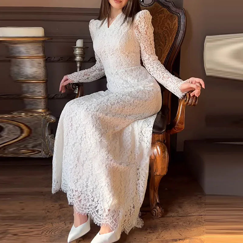 Elegant Wrap Hip Banquet A-line Dresses White Lace High Waist Slim Robe Dresses