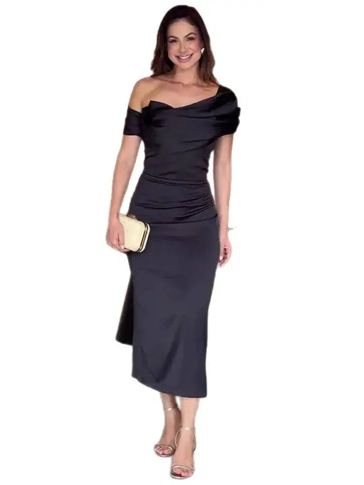 Elegant Sloping Collar Pleated Waist Dresses