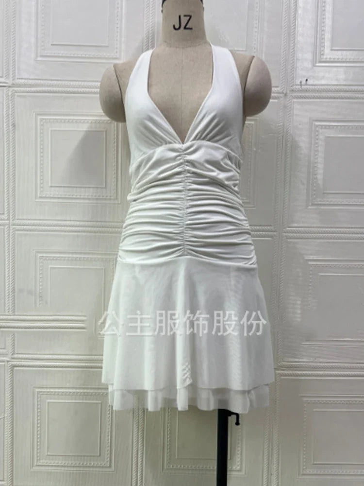 Summer Deep V Sexy Halter Neck Backless Pleated Hem Mini Slim Dresses For Women