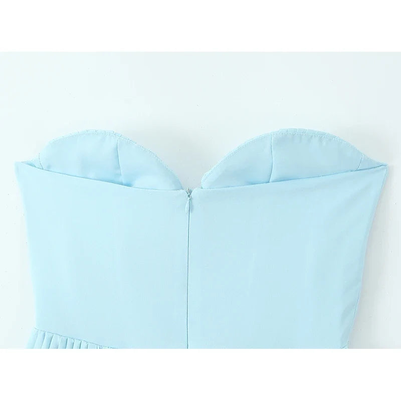 Elegant Blue Sexy Low Waist Pleated Strapless Dresses