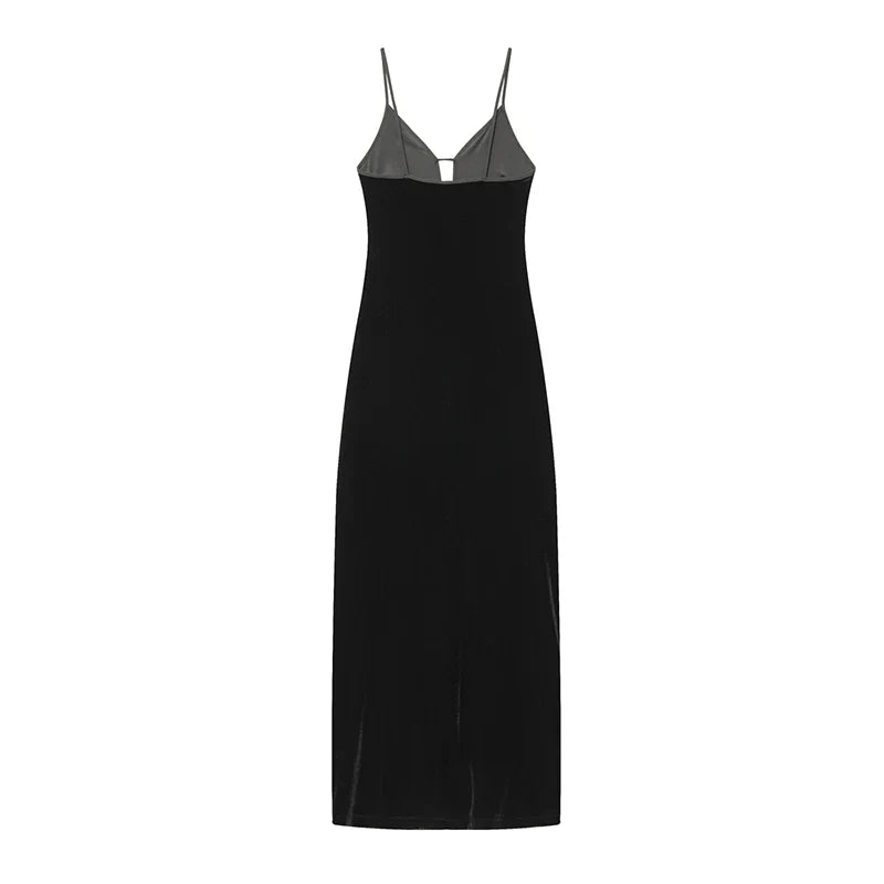 Spaghetti Straps V Neck Midi Black Velvet Dresses Female Sexy Vestidos