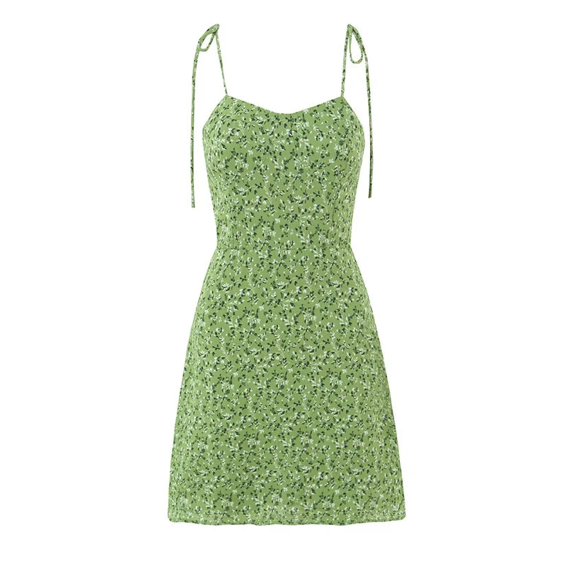 Sexy Spaghetti Straps Green Floral Print Dresses