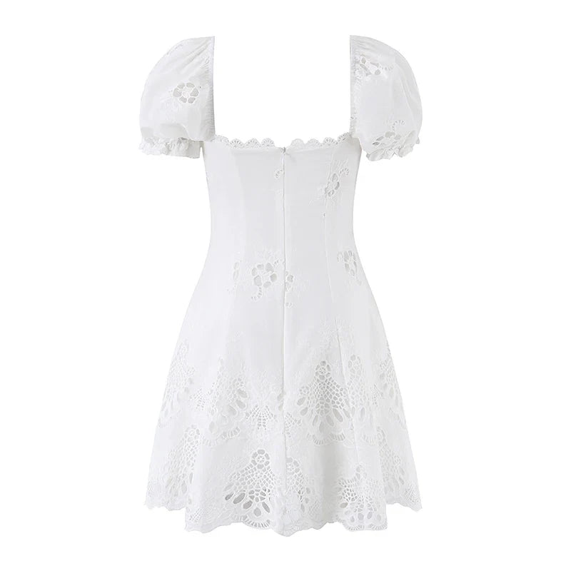 Hollow Out Embroidery White Mini Dresses